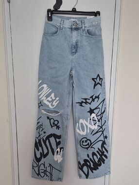 Gloria Jeans Long Leg High Rise Girls' Wide Leg Graffiti Jeans Size 11-12/152cm